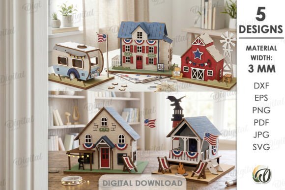 3D 4th of July Houses Bundle Laser Cut: A Creative Resource for Celebratory Designs