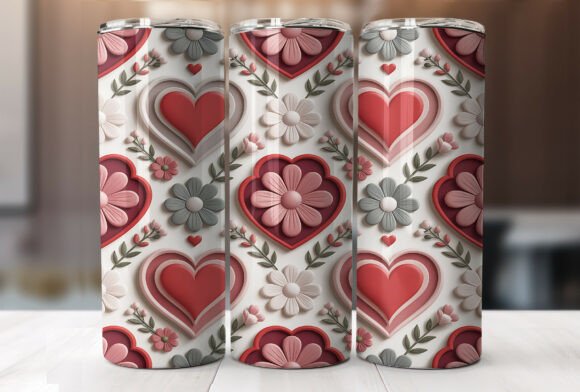 3D Heart Flower Tumbler Wrap Sublimation Design
