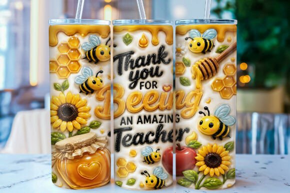3D Inflated Bee Teacher Tumbler Wrap PNG: A Sweet Touch for Teacher Appreciation