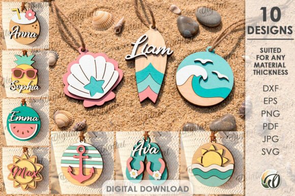 3D Summer Keychains Bundle Laser Cut Designs